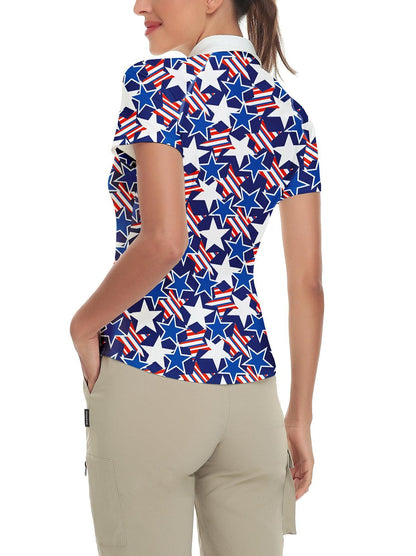 Blue and White Stars Short-sleeve Golf Polo for Women