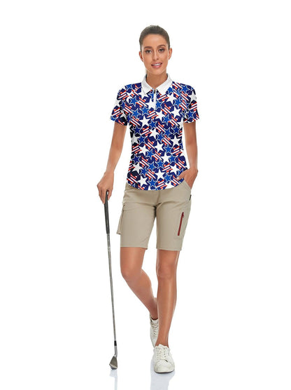 Blue and White Stars Short-sleeve Golf Polo for Women