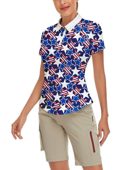 Blue and White Stars Short-sleeve Golf Polo for Women