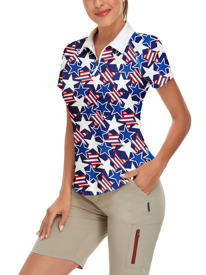 Blue and White Stars Short-sleeve Golf Polo for Women