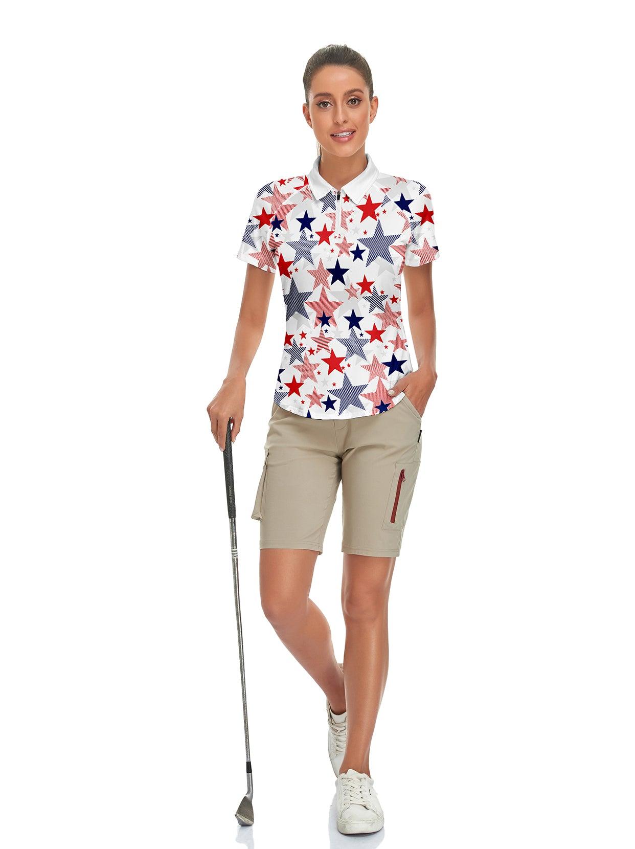 Multicolor Stars Quarter-Zip Short-sleeve Golf Polo for Women