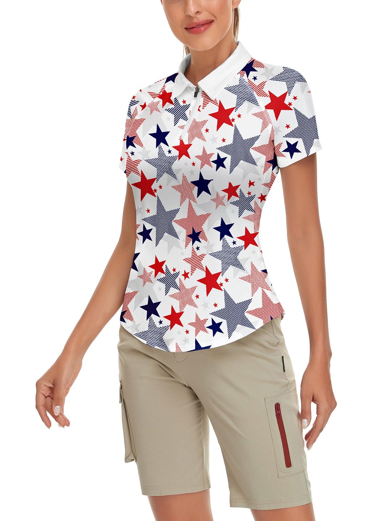 Multicolor Stars Quarter-Zip Short-sleeve Golf Polo for Women