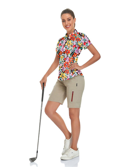 Colorful Flower on Black Background Short-sleeve Golf Polo for Women