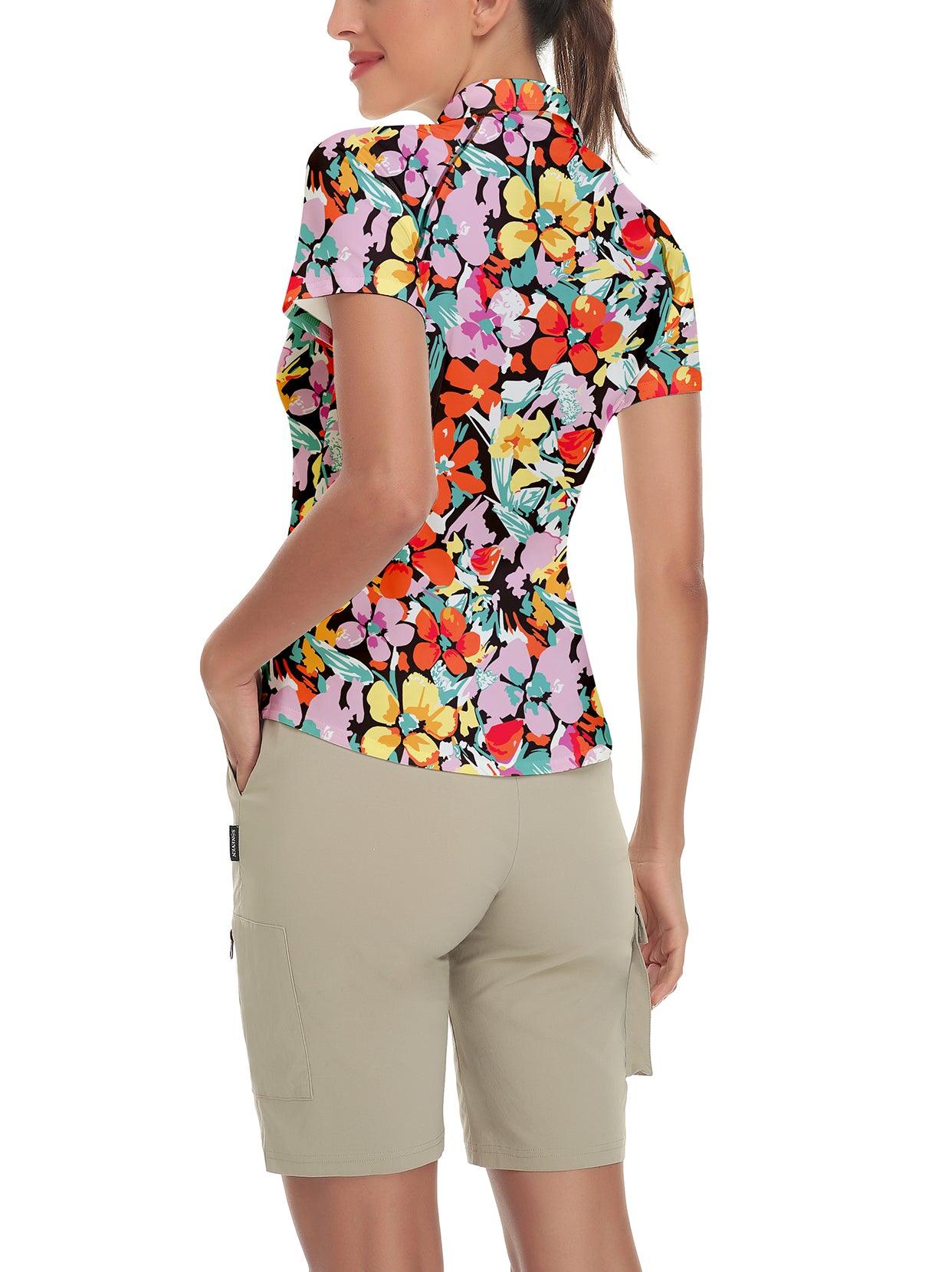 Colorful Flower on Black Background Short-sleeve Golf Polo for Women