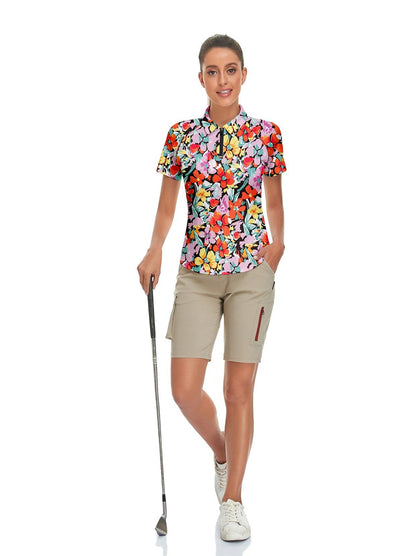 Colorful Flower on Black Background Short-sleeve Golf Polo for Women