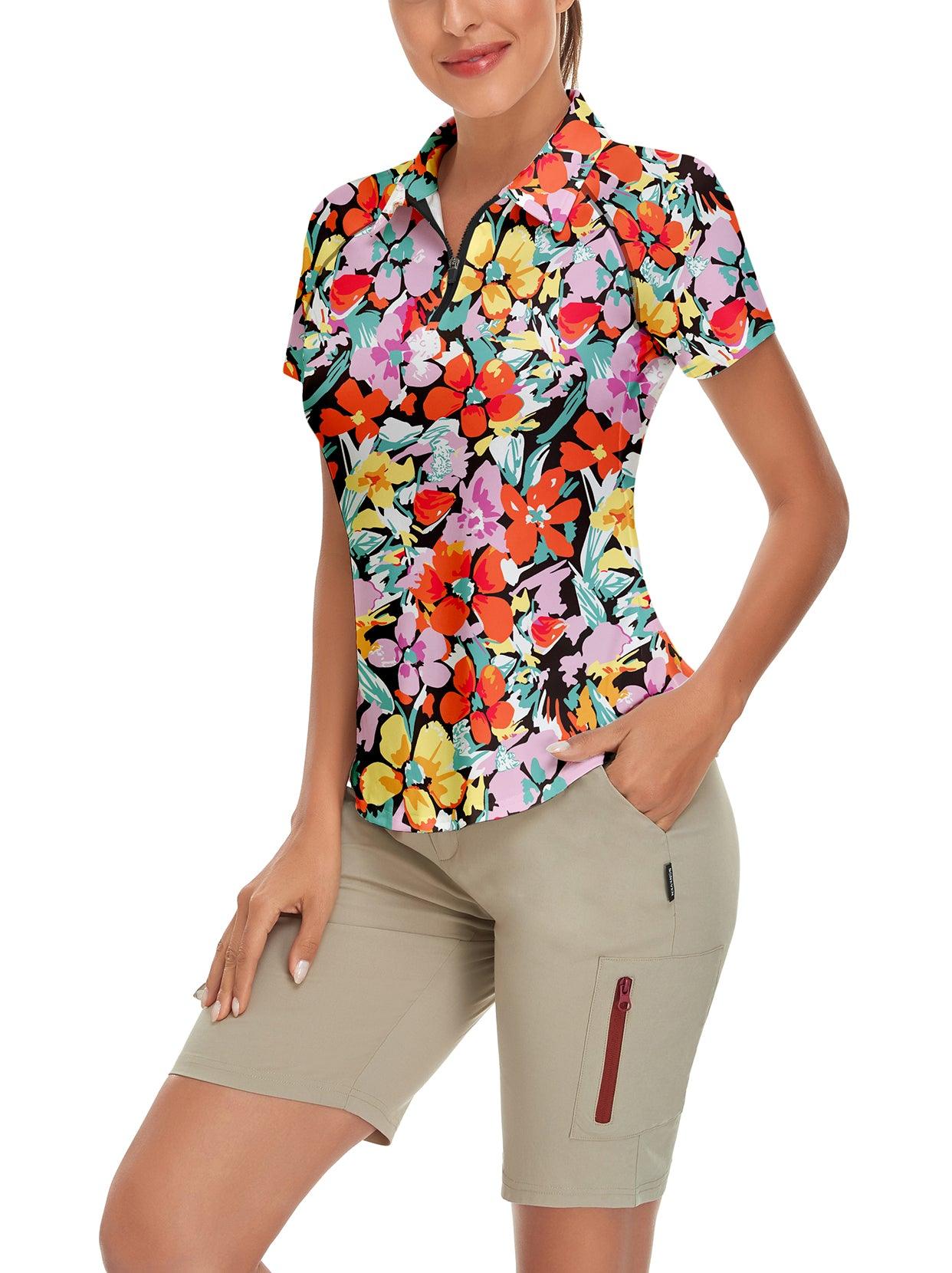 Colorful Flower on Black Background Short-sleeve Golf Polo for Women