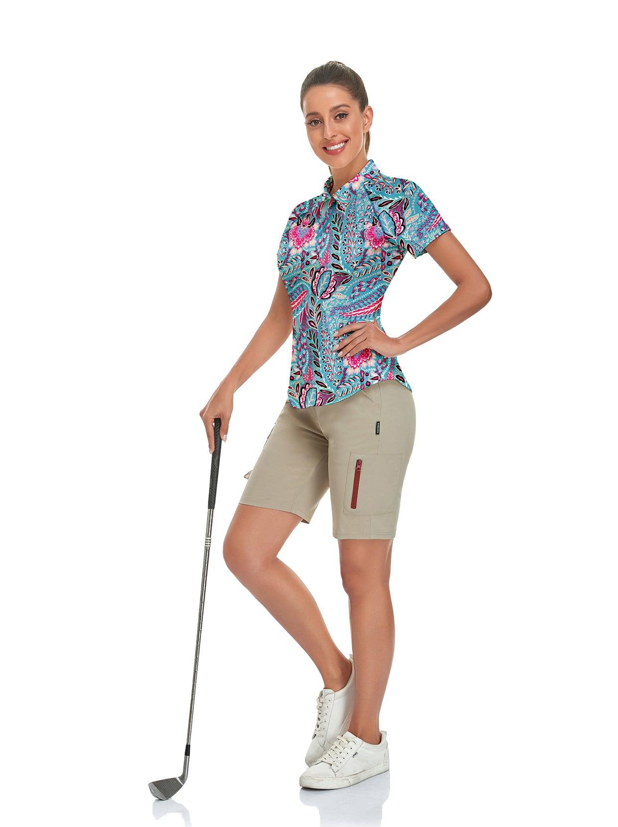 Blue Flower Short-sleeve Golf Polo for Women