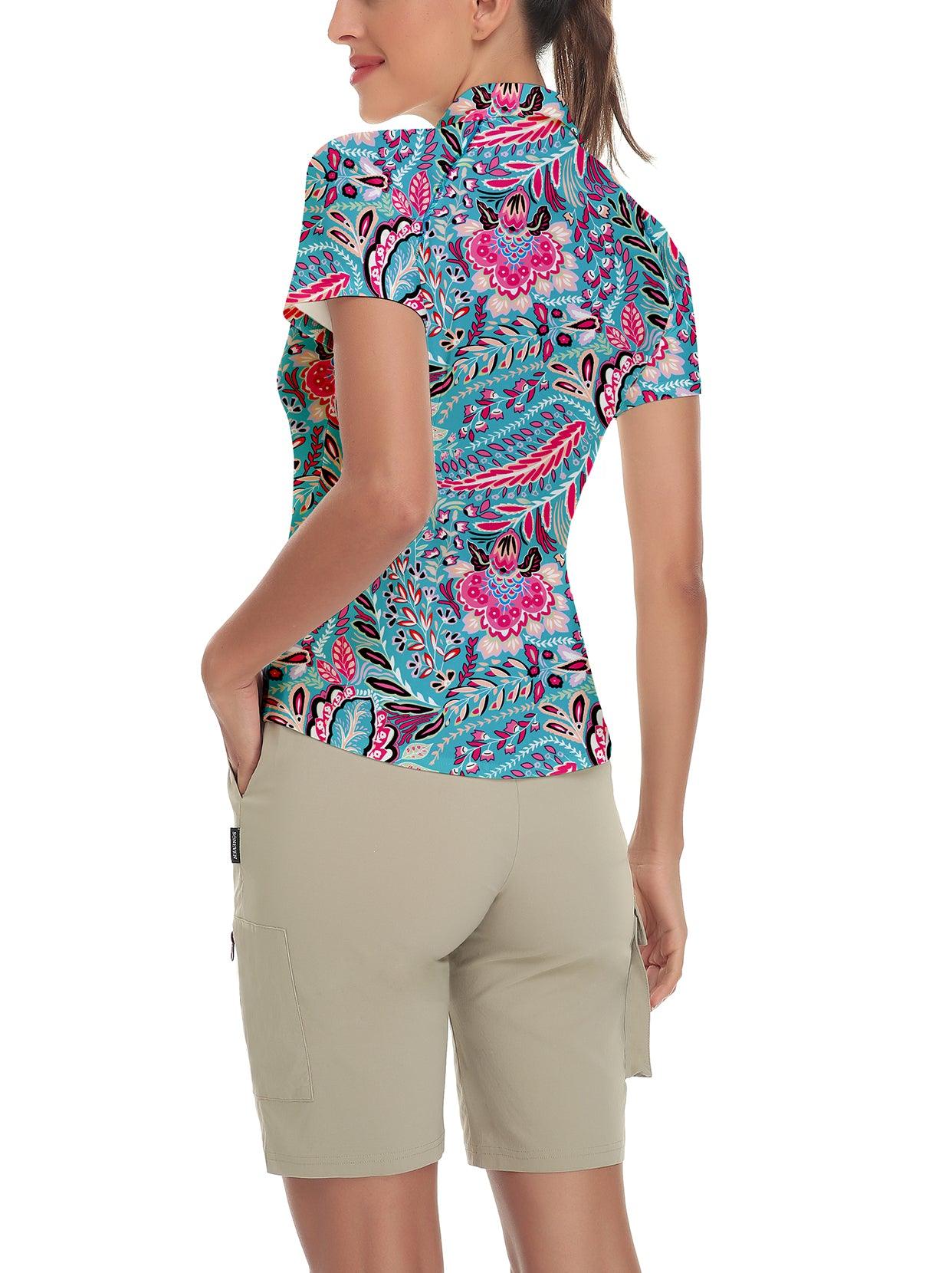 Blue Flower Short-sleeve Golf Polo for Women