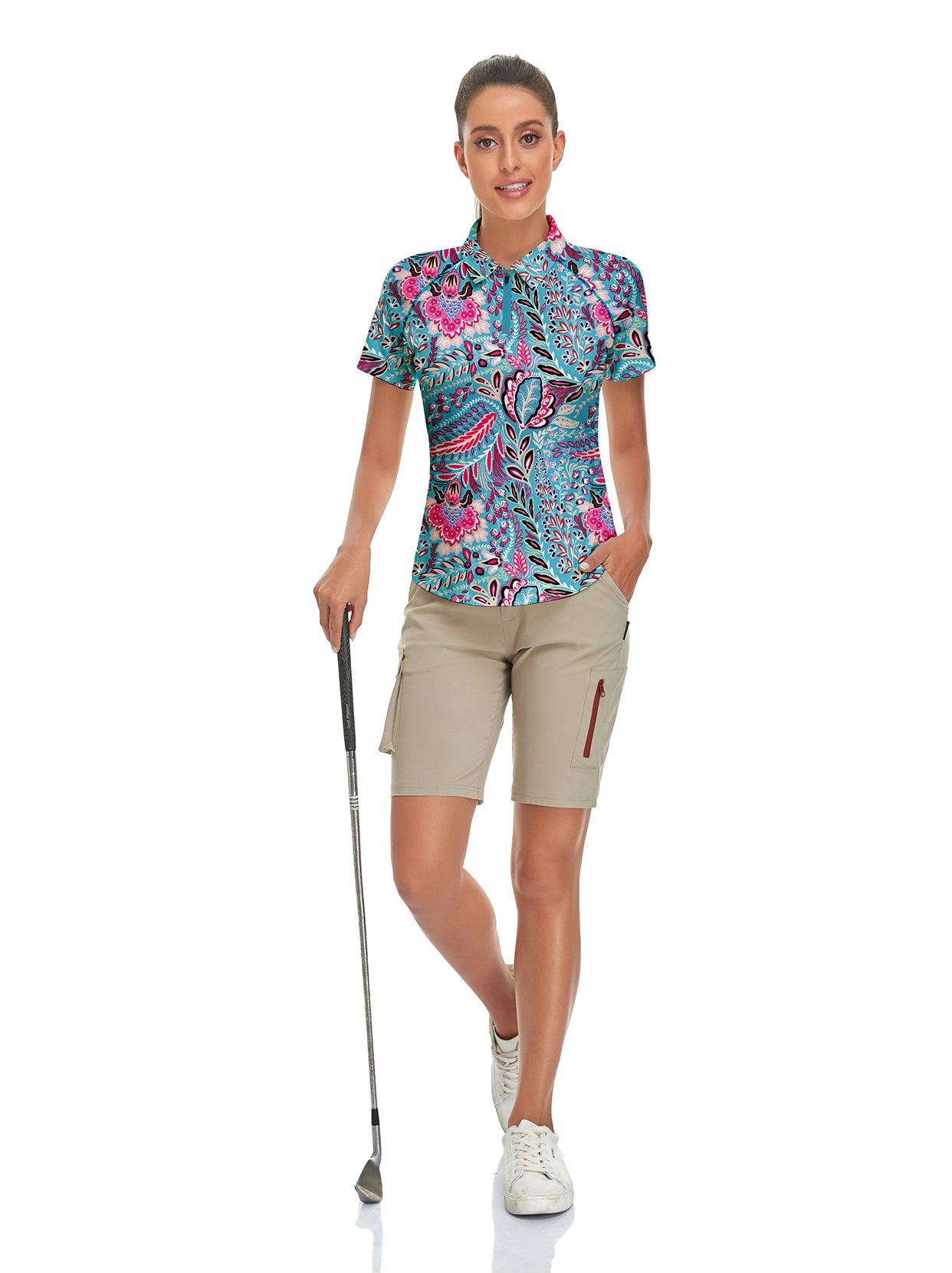 Blue Flower Short-sleeve Golf Polo for Women