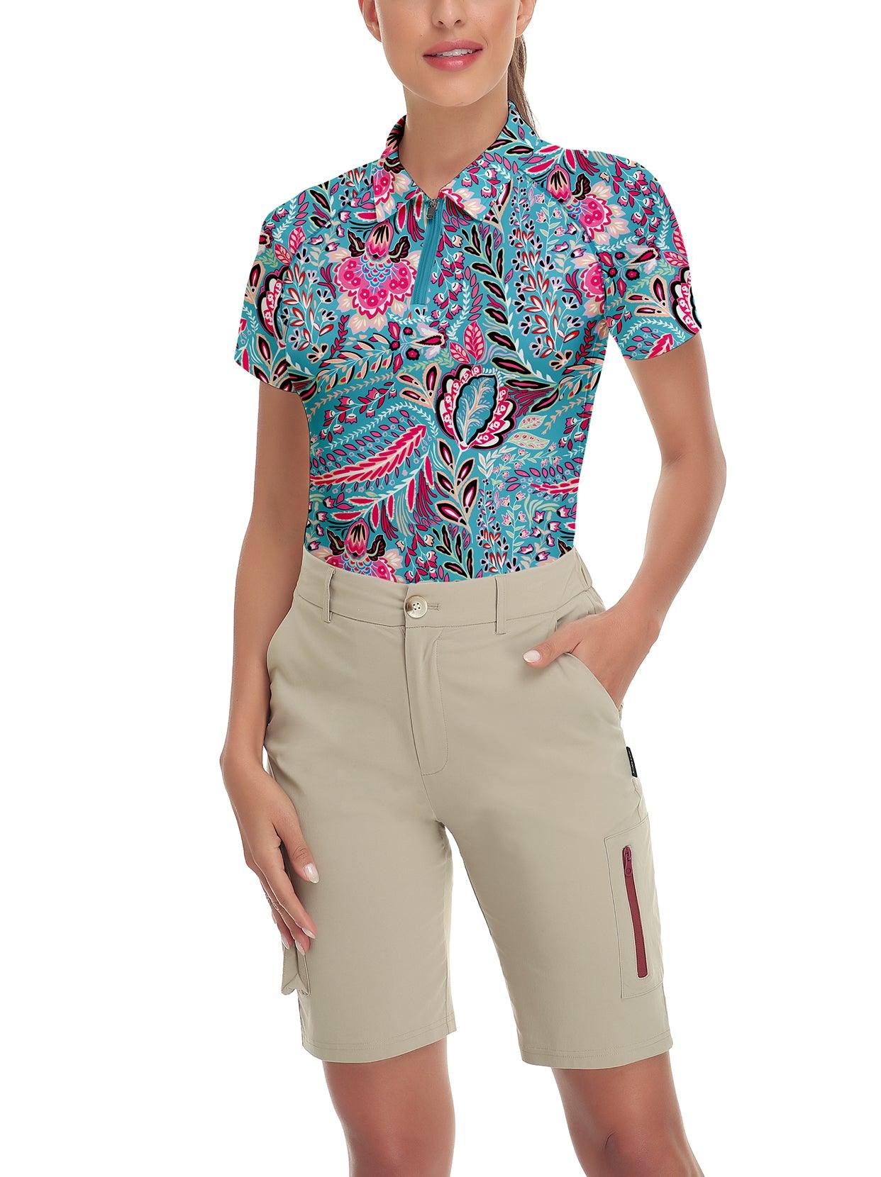 Blue Flower Short-sleeve Golf Polo for Women