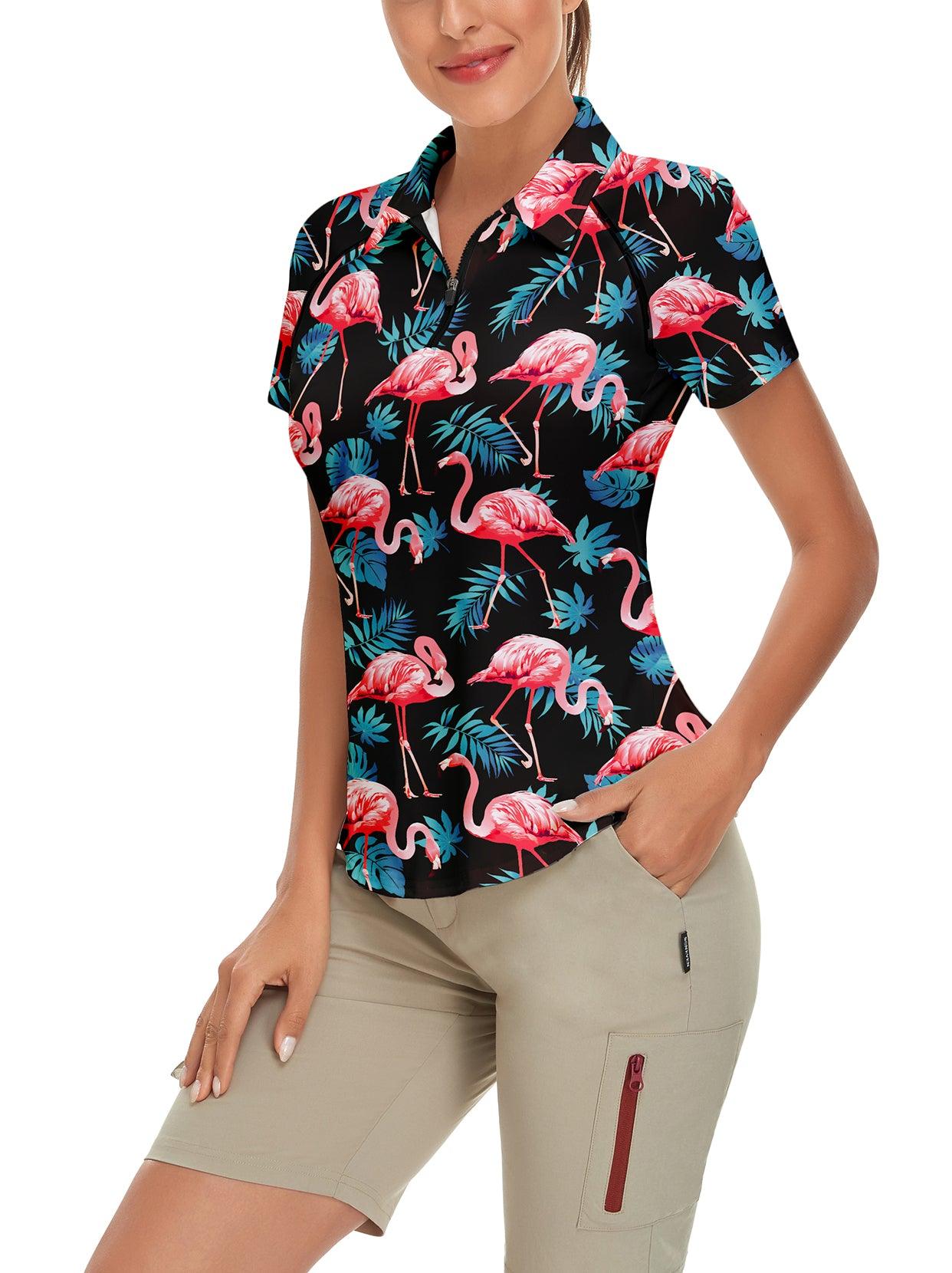 Flamingo on Black Background Grove Short-sleeve Golf Polo for Women