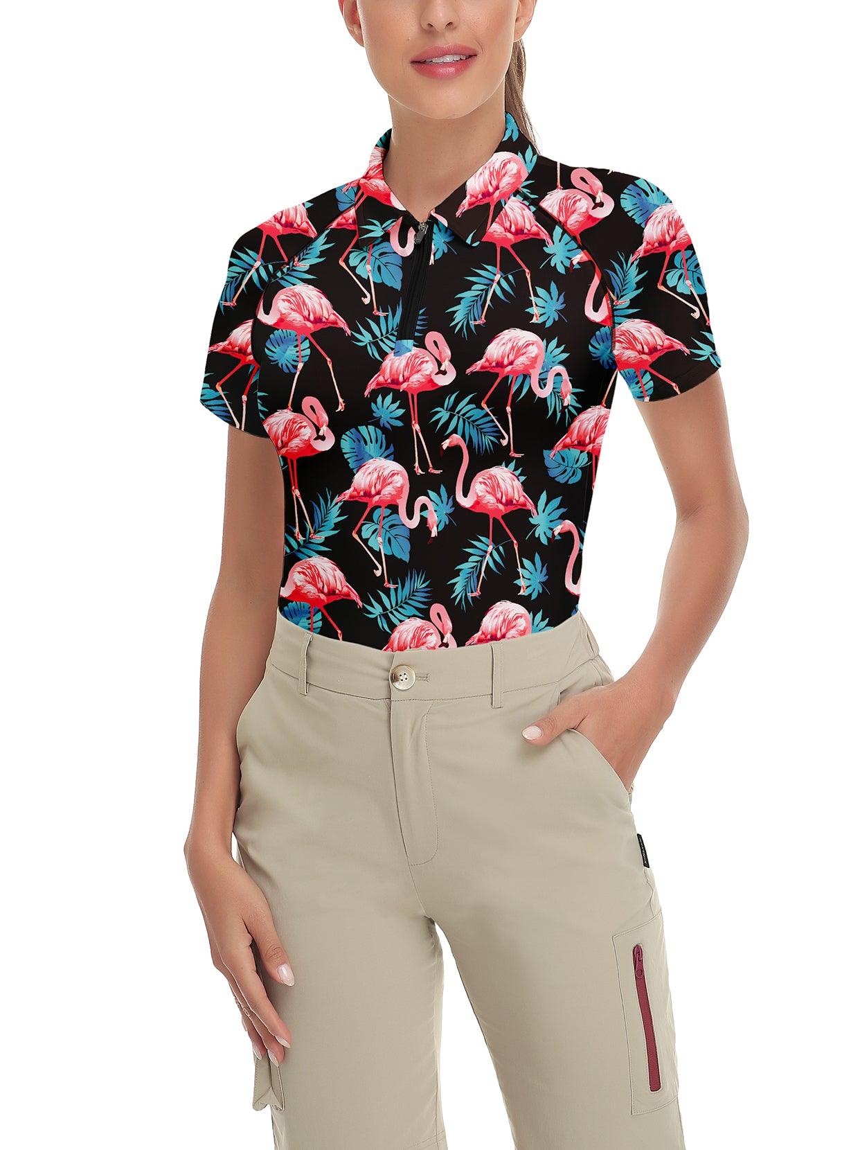 Flamingo on Black Background Grove Short-sleeve Golf Polo for Women