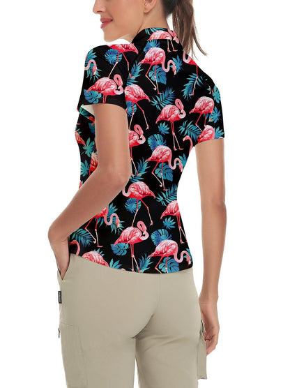 Flamingo on Black Background Grove Short-sleeve Golf Polo for Women