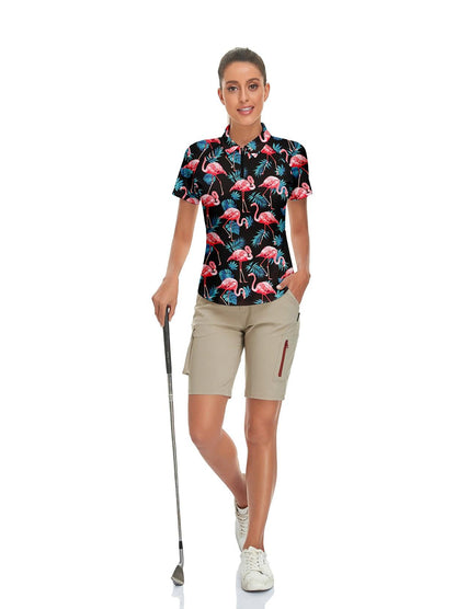 Flamingo on Black Background Grove Short-sleeve Golf Polo for Women