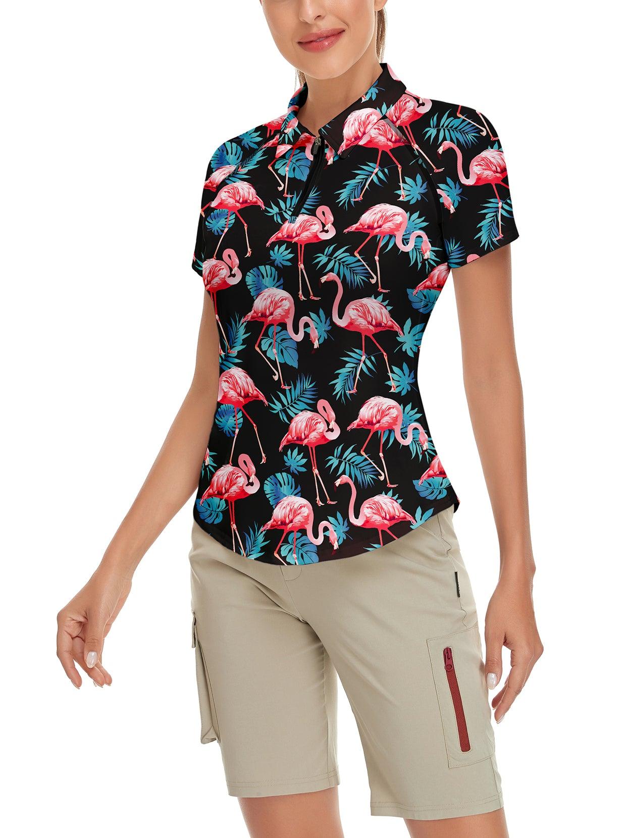 Flamingo on Black Background Grove Short-sleeve Golf Polo for Women