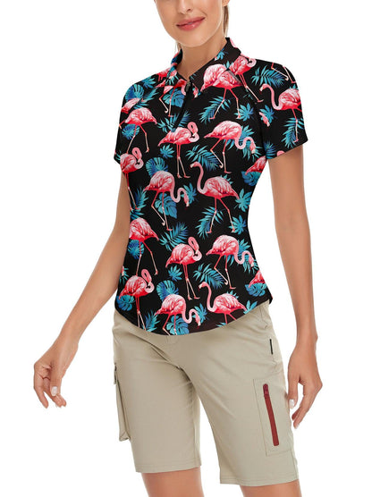 Flamingo on Black Background Grove Short-sleeve Golf Polo for Women