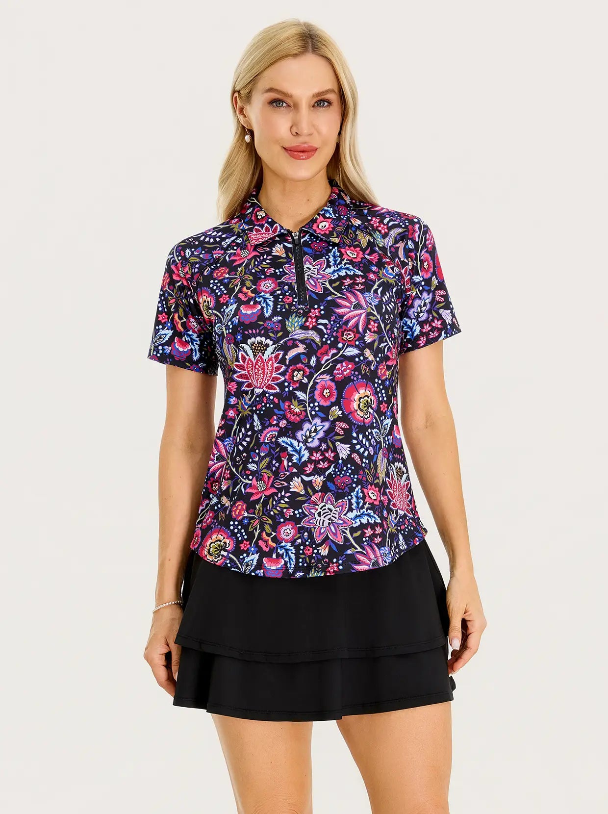 Colorful Flower Quarter-zip Short-sleeve Golf Polo for Women