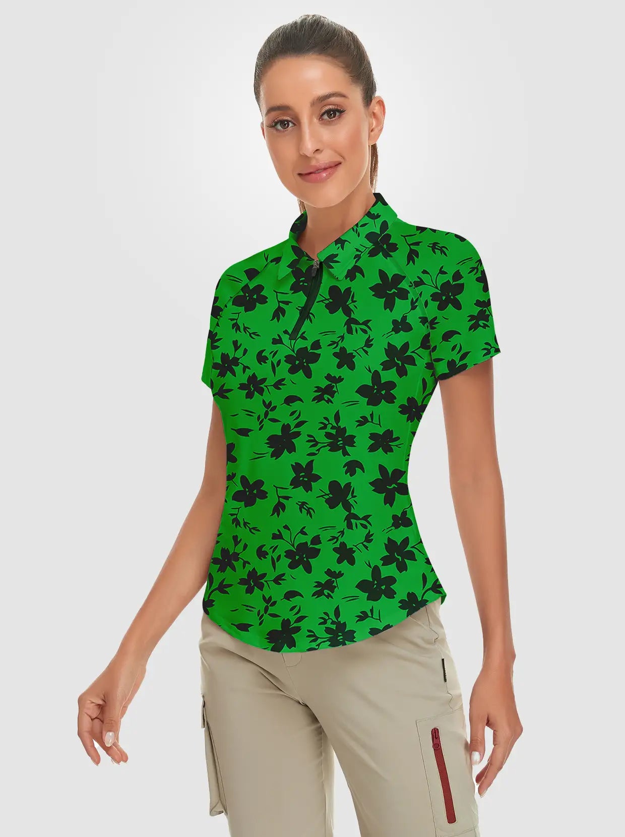 Ladies Black Floral on Green background Quarter-zip Short-sleeve Polo Shirt