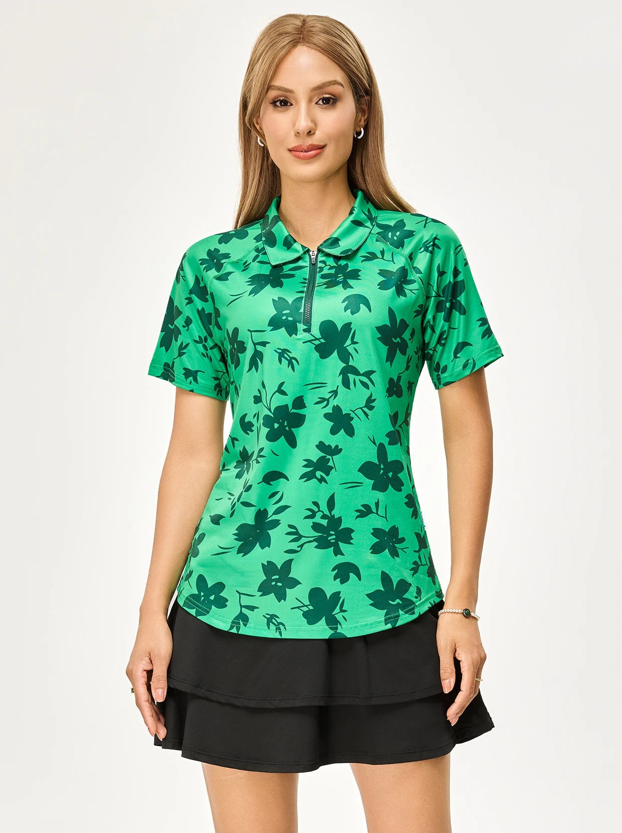 Black Floral Quarter-zip Short-sleeve Polo Shirt
