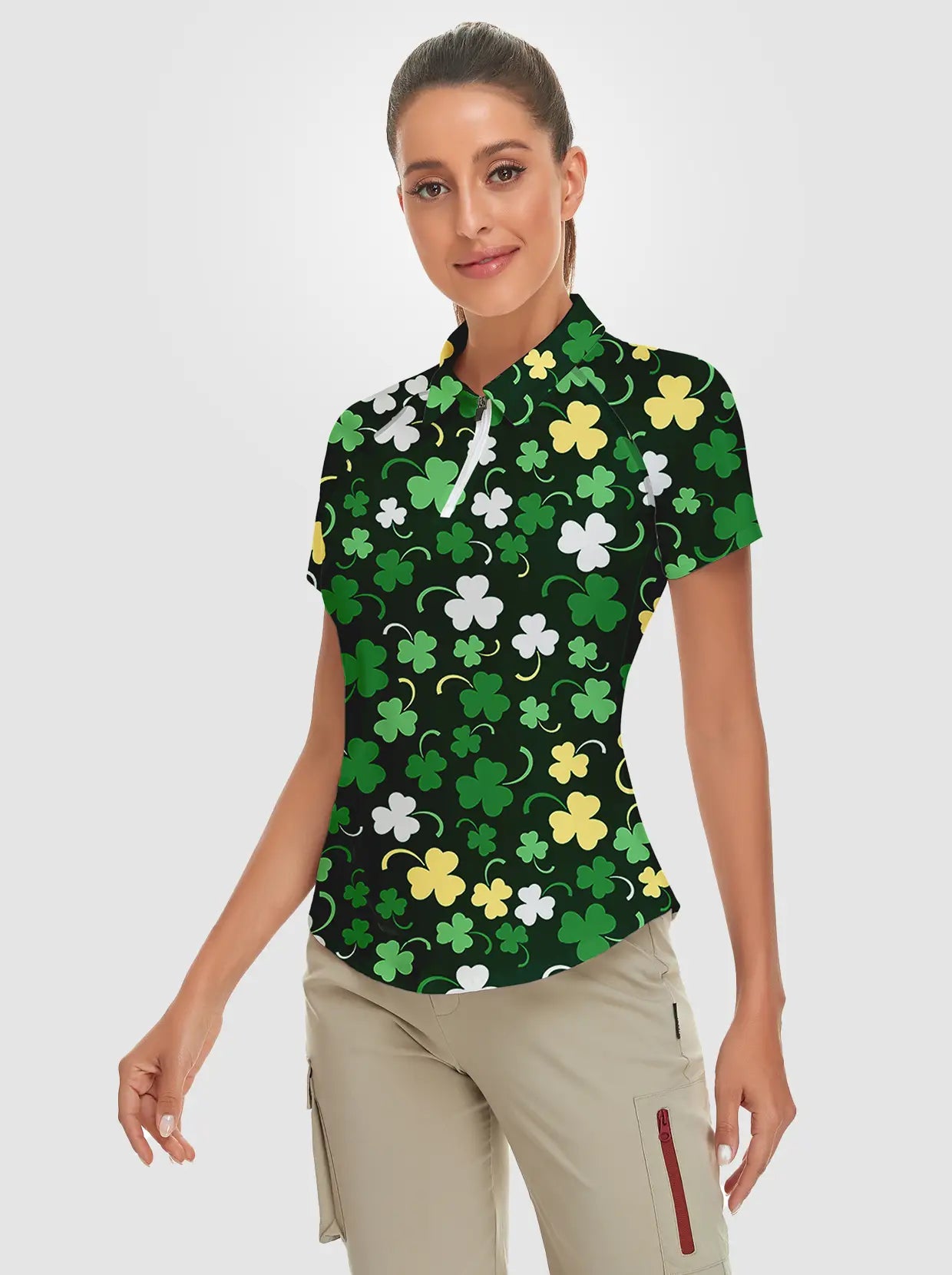 Green Shamrock Quarter-zip Short-sleeve Polo Shirt For Women 