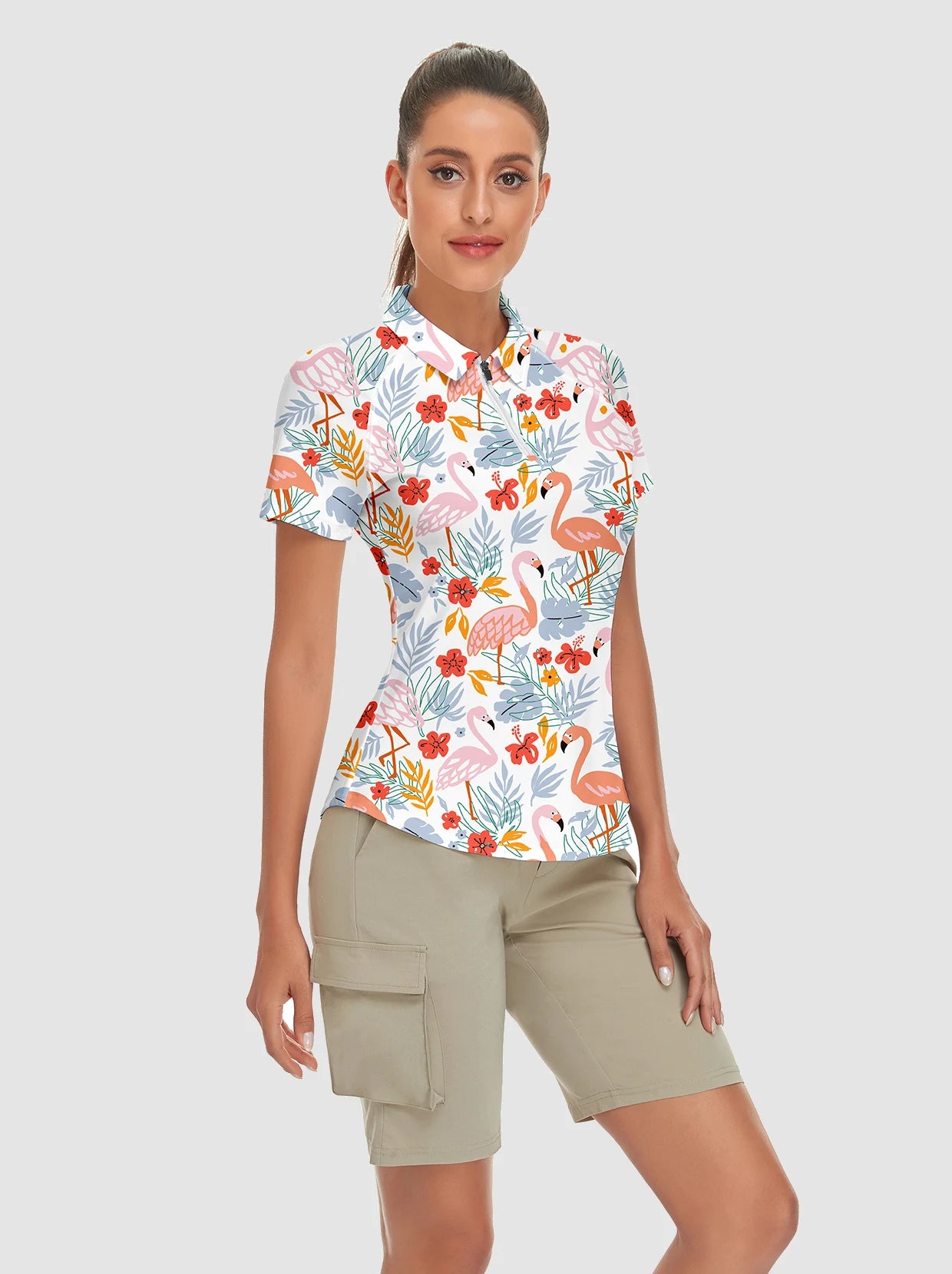 Women's Pink Flamingo Quarter-zip Short-sleeve Polo Shirt