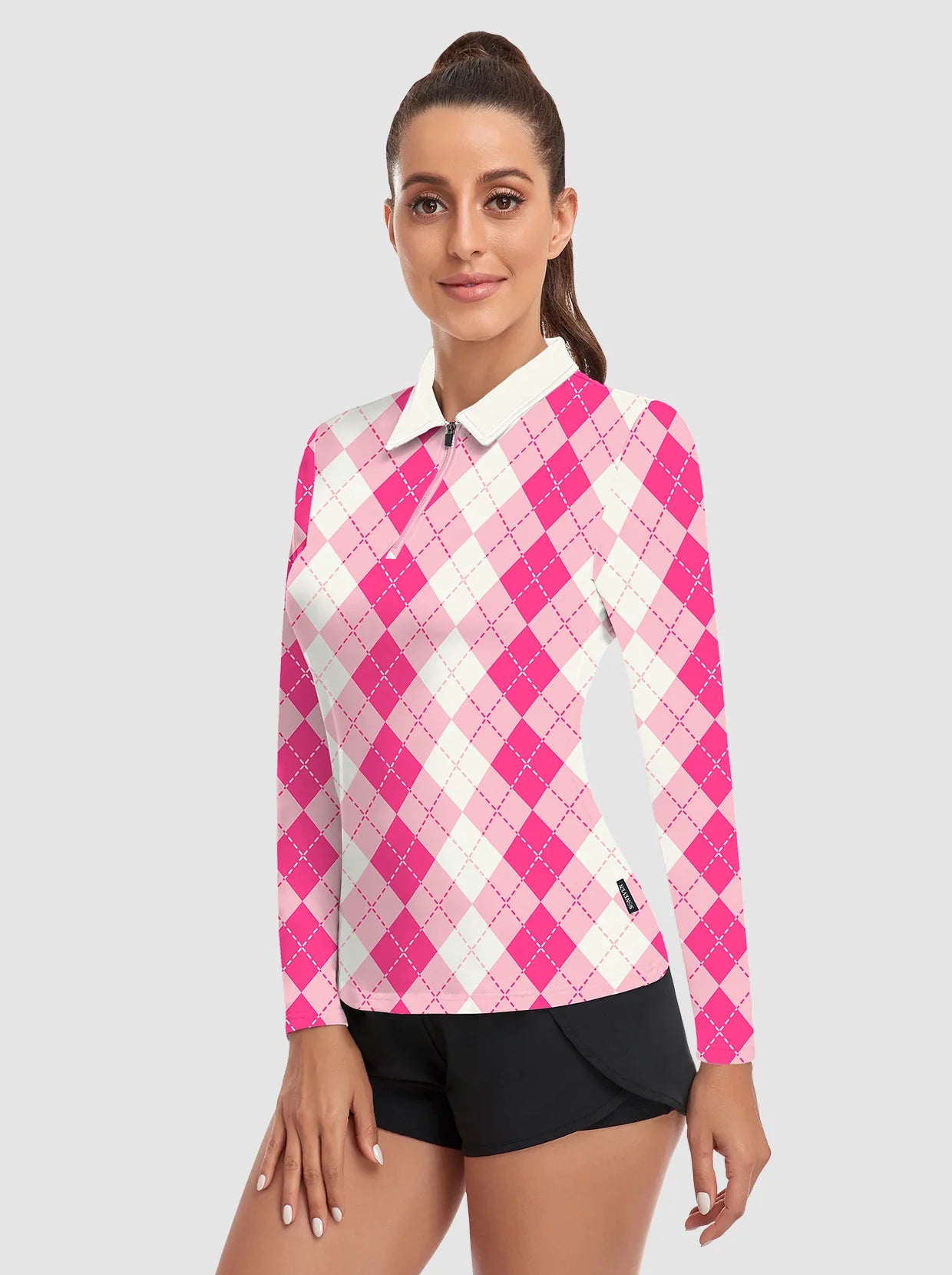 Pink Checkerboard Quarter-zip Long-sleeve Polo Shirt for Women