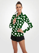 White Shamrock Quarter-zip Long-sleeve Polo Shirt for Women 