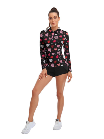 Heart Print on Black Background Long-sleeve Golf Shirt for Women