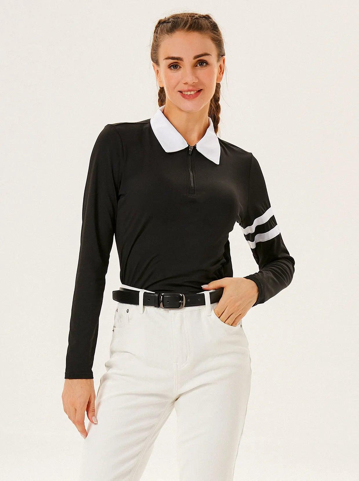 Black Lapel Long-sleeve Polo Top for Ladies | Soneven