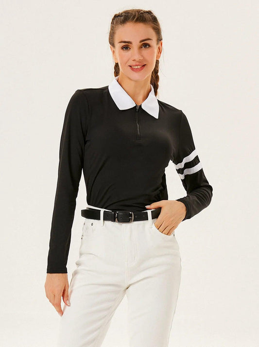 Black Long-sleeve Classic Quarterzip Golf Polo Top for Women