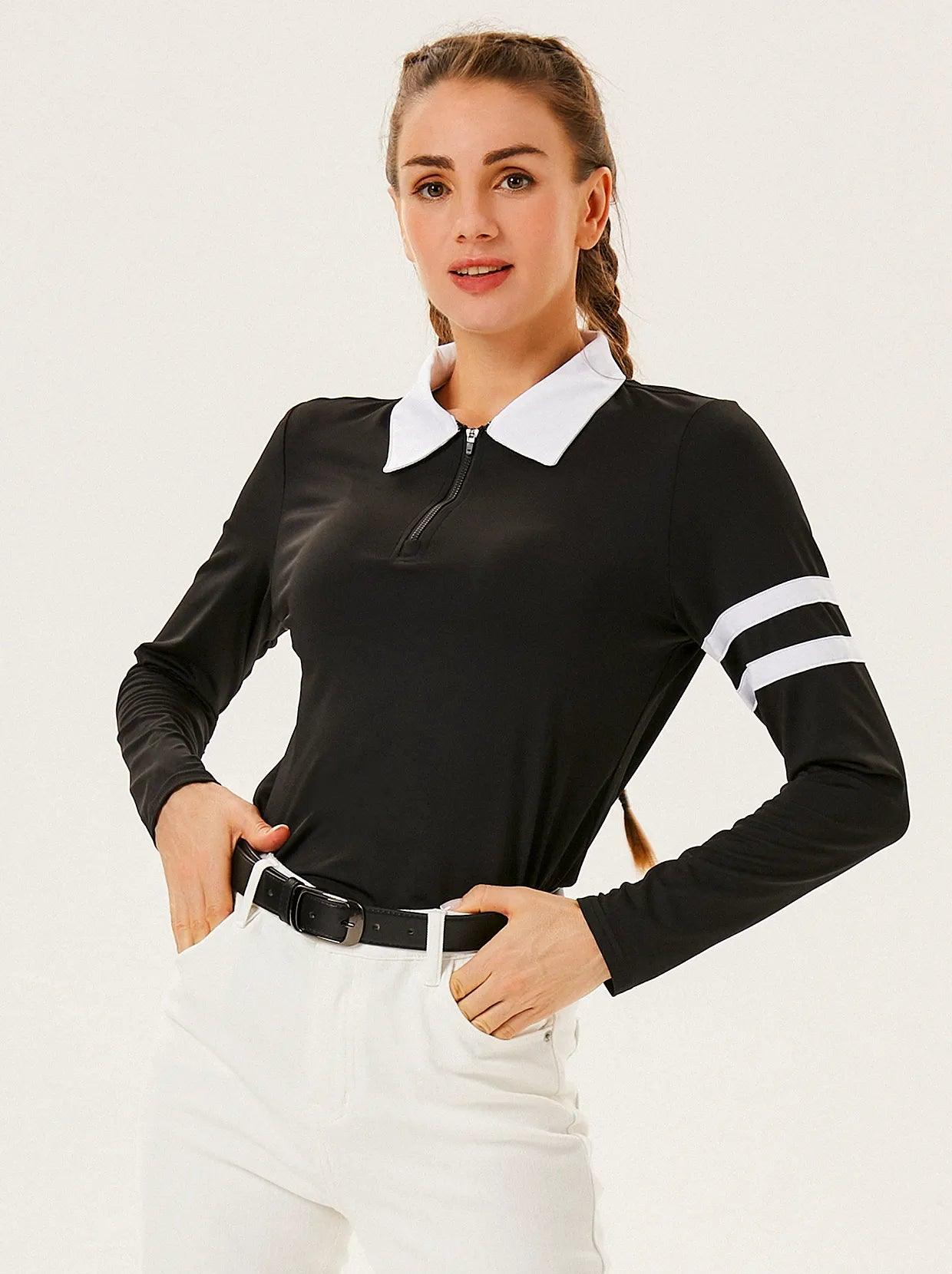 Black Long-sleeve Classic Quarterzip Golf Polo Top for Women