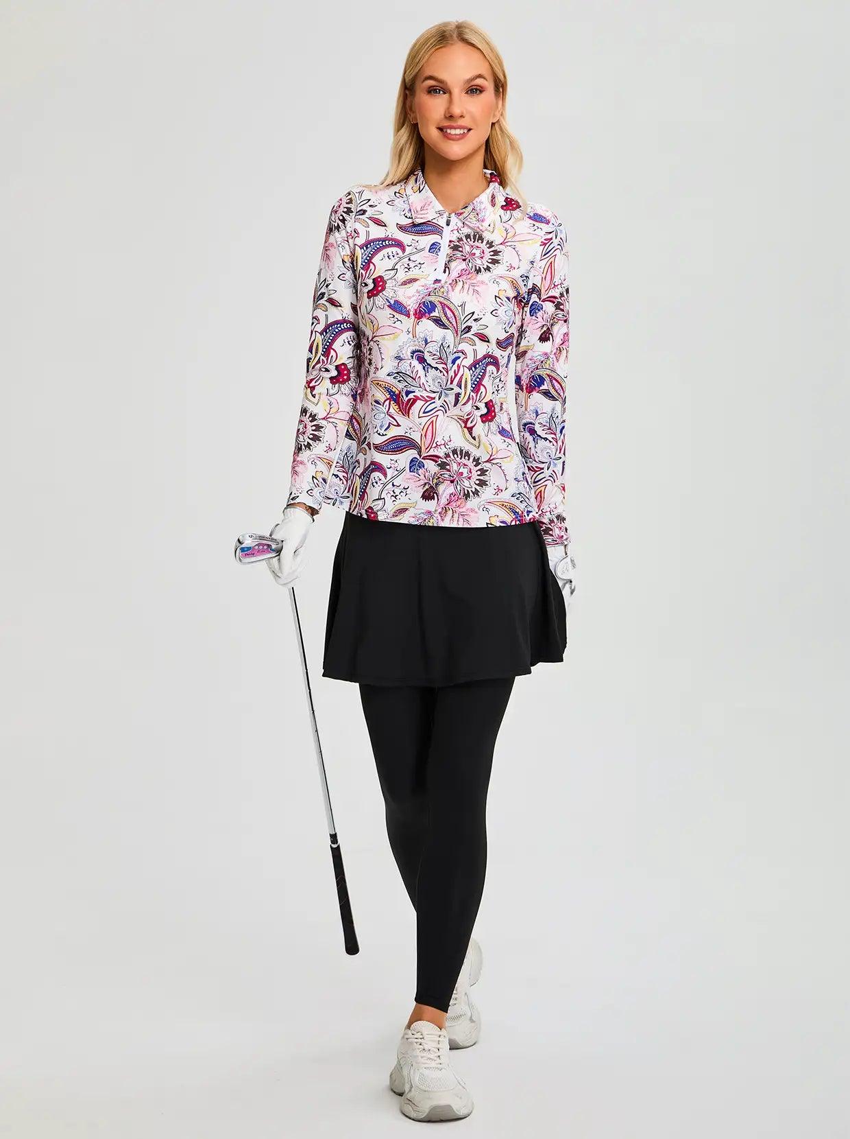 Red Retro Flower Quarter Zip Long-sleeve Golf Polo Shirt for Women