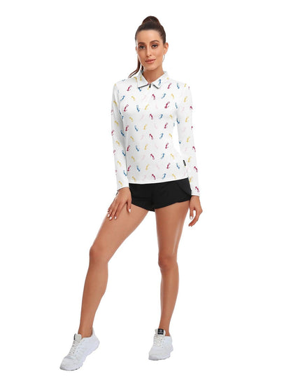 White Printed Long-sleeve Golf Polo Shirt for Women