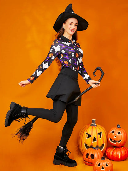 Halloween Pumpkin and Skull Quarter-zip Long-sleeve Polo Top for Ladies