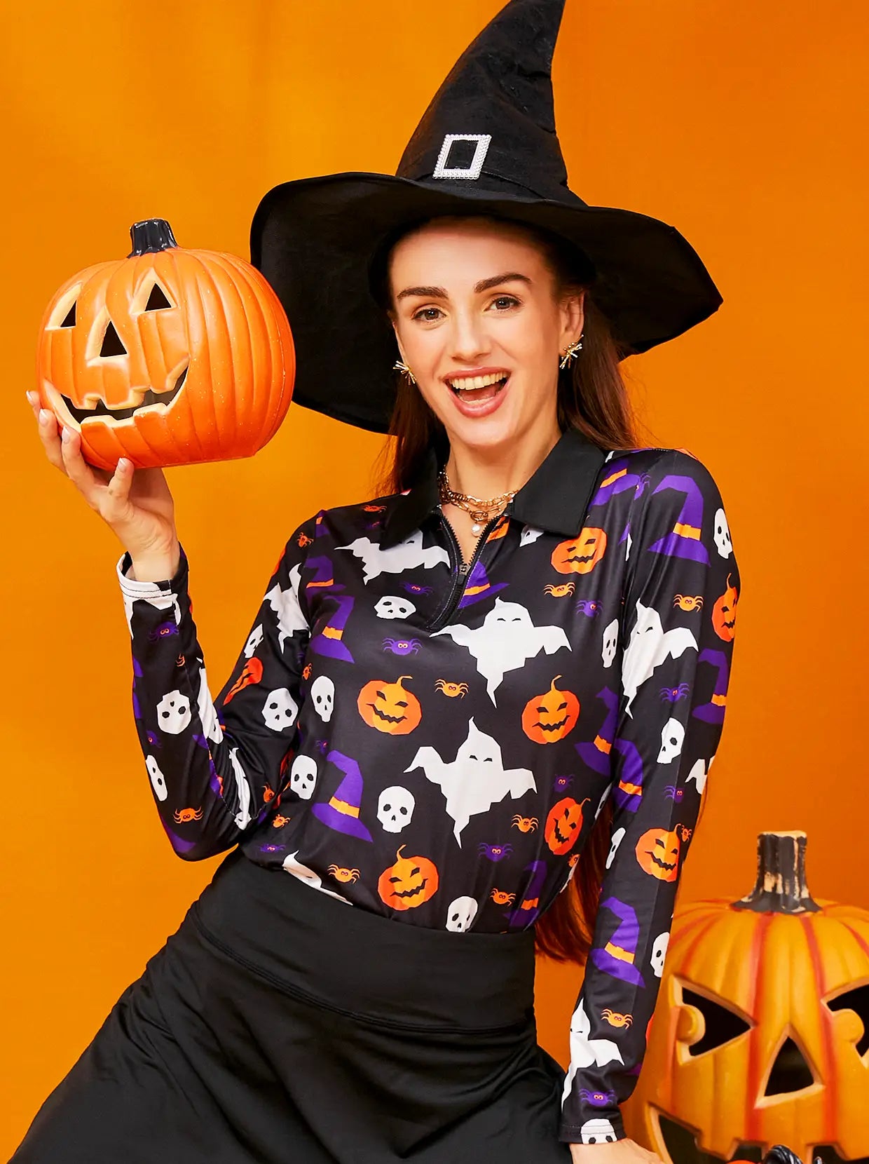 Halloween Pumpkin and Skull Quarter-zip Long-sleeve Polo Top for Ladies