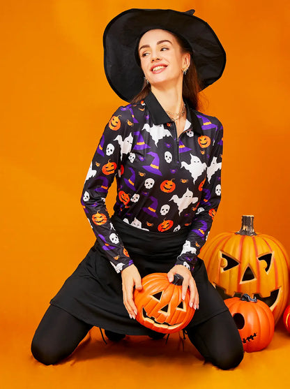 Halloween Pumpkin and Skull Quarter-zip Long-sleeve Polo Top for Ladies