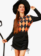 Halloween Pumpkin and Black Color Argyle Long-sleeve Polo Shirt for Women