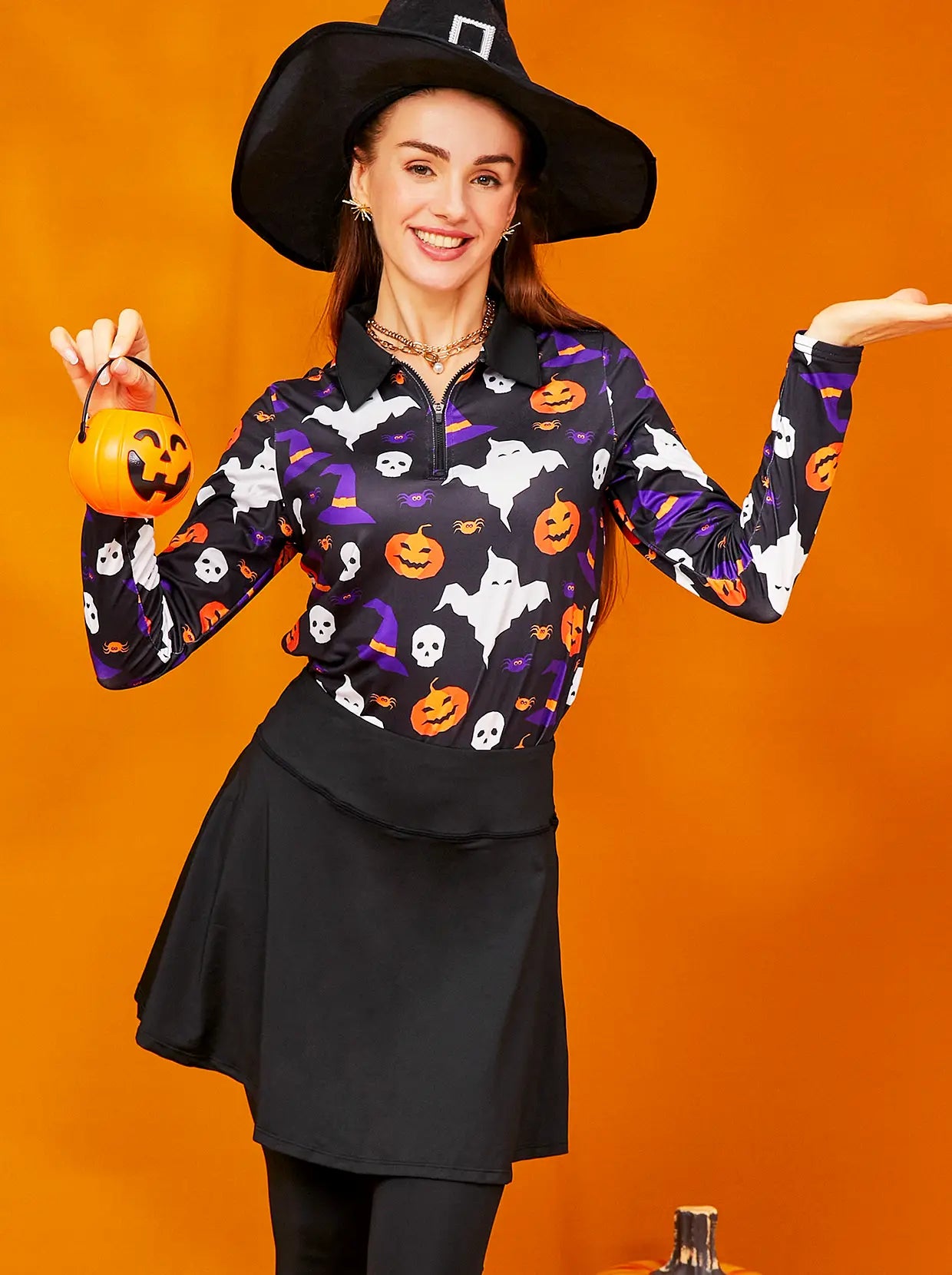 Halloween Pumpkin Skull Quarter-zip Long-sleeve Polo Top for Ladies