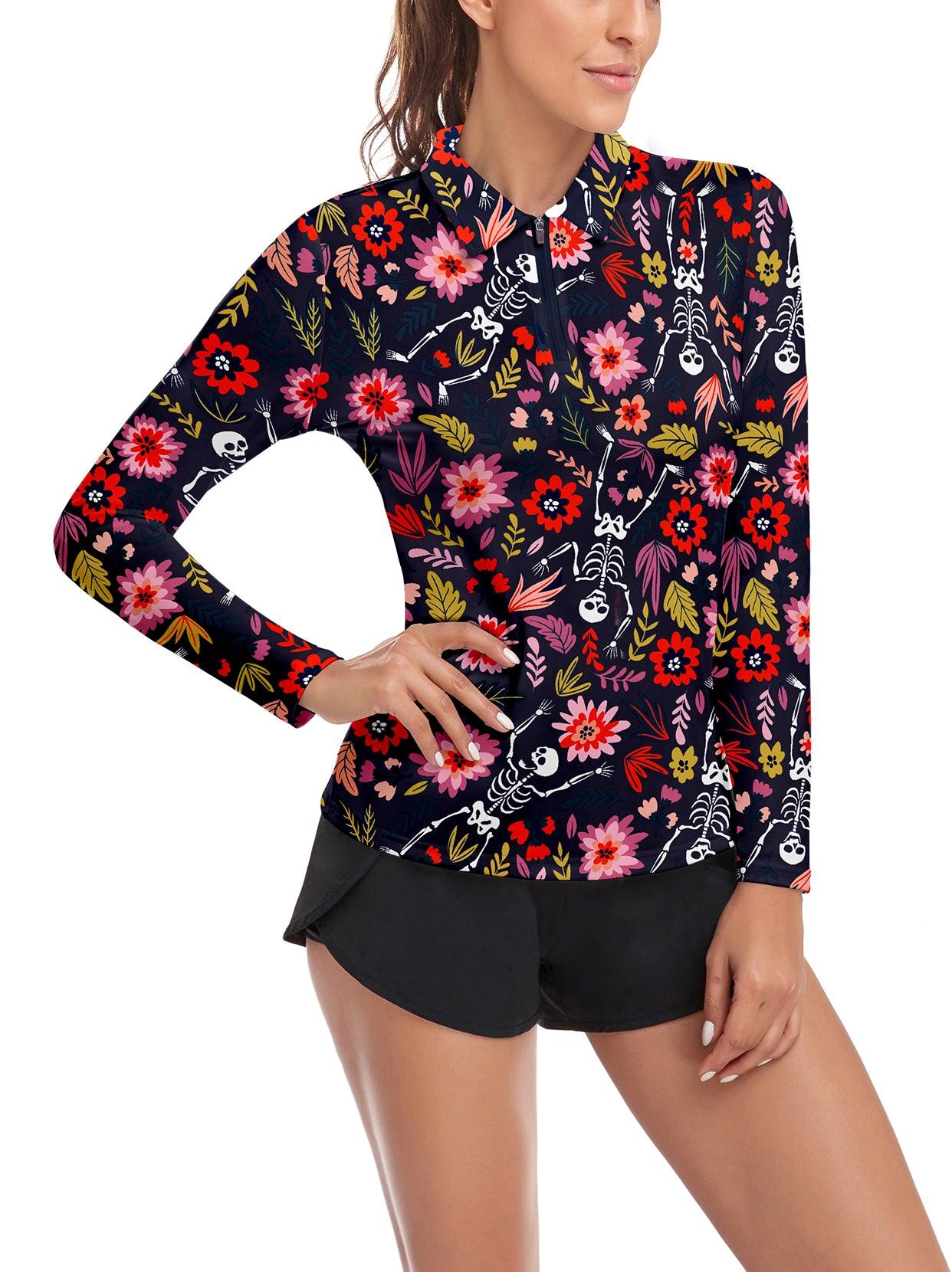 Colorful Skull Print Lapel Long-sleeve Polo Top for Ladies