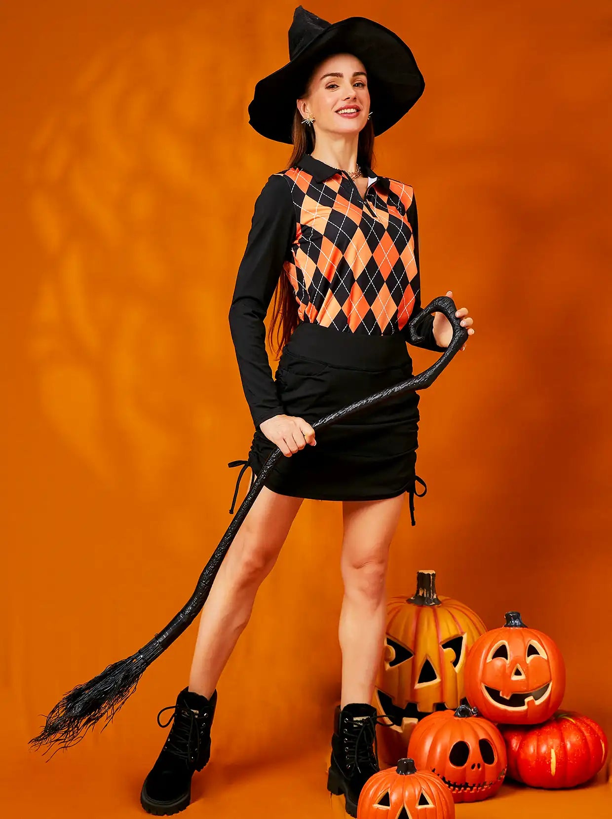 Halloween Pumpkin and Black Color Argyle Long-sleeve Polo Shirt for Women