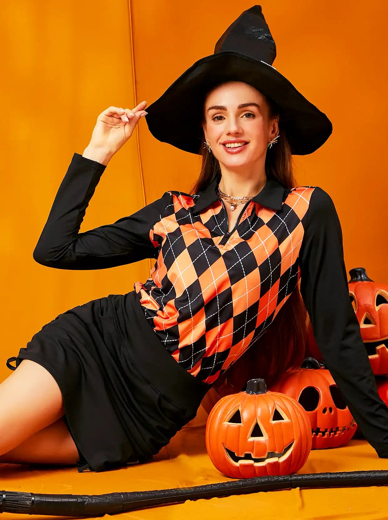 Halloween Pumpkin and Black Color Argyle Long-sleeve Polo Shirt for Women