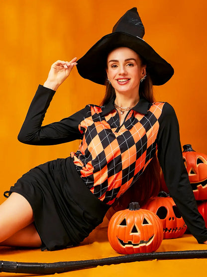 Halloween Pumpkin and Black Color Argyle Long-sleeve Polo Shirt for Women