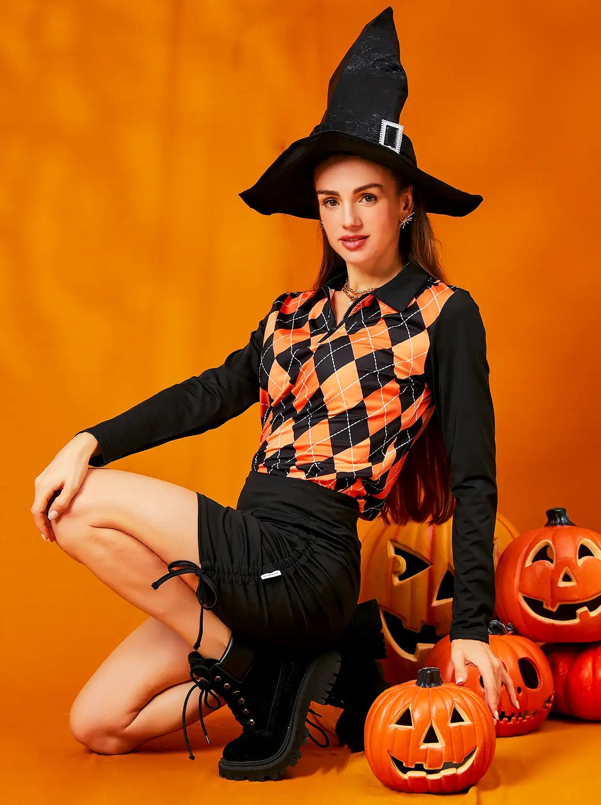 Halloween Pumpkin and Black Color Argyle Long-sleeve Polo Shirt for Women