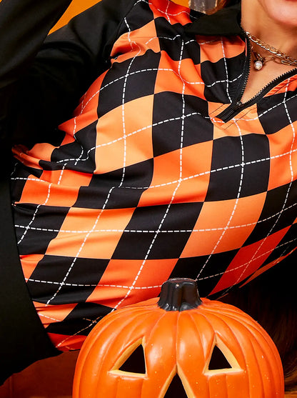 Halloween Pumpkin and Black Color Argyle Long-sleeve Polo Shirt for Women