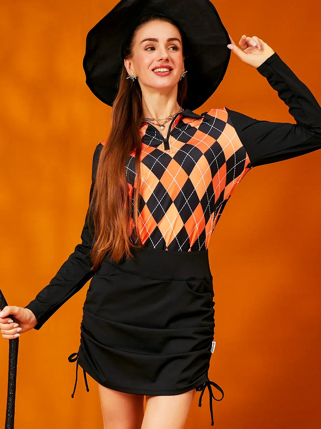 Halloween Pumpkin and Black Color Argyle Long-sleeve Polo Shirt for Women