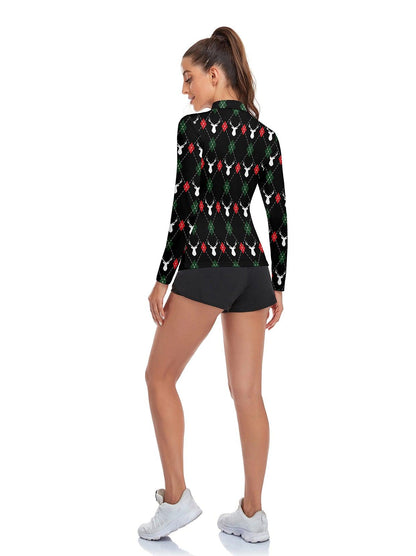 Christmas Reindeer Pattern Long-sleeve Polo Shirt for Ladies