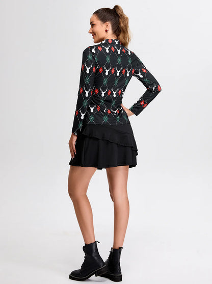 Christmas Reindeer Pattern Long-sleeve Polo Shirt for Ladies