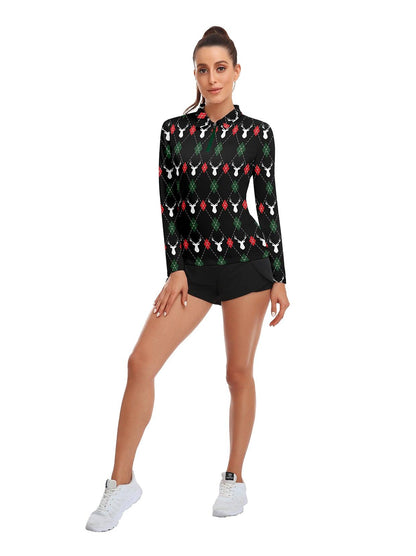 Christmas Reindeer Pattern Long-sleeve Polo Shirt for Ladies