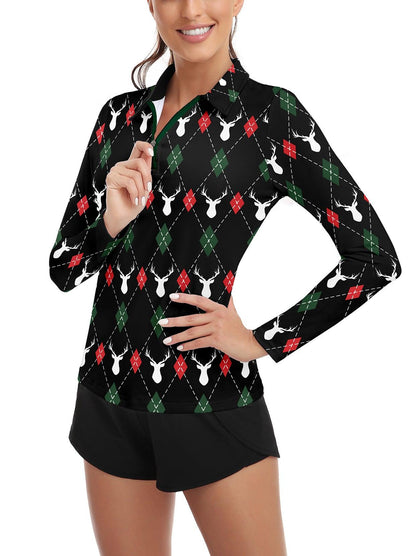 Christmas Reindeer Pattern Long-sleeve Polo Shirt for Ladies