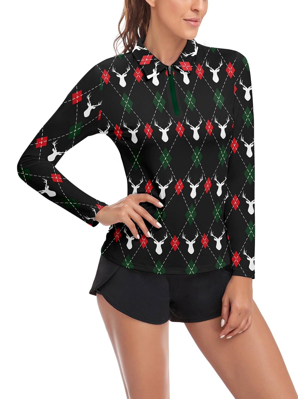 Christmas Reindeer Pattern Long-sleeve Polo Shirt for Ladies